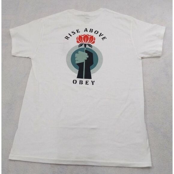 Obey Men's T-Shirt Rise Above Flower Fist White Size S Shepard Fairey - Picture 4 of 7
